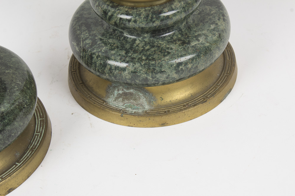 Over-Sized Brass and Dark Green Marble Candlesticks