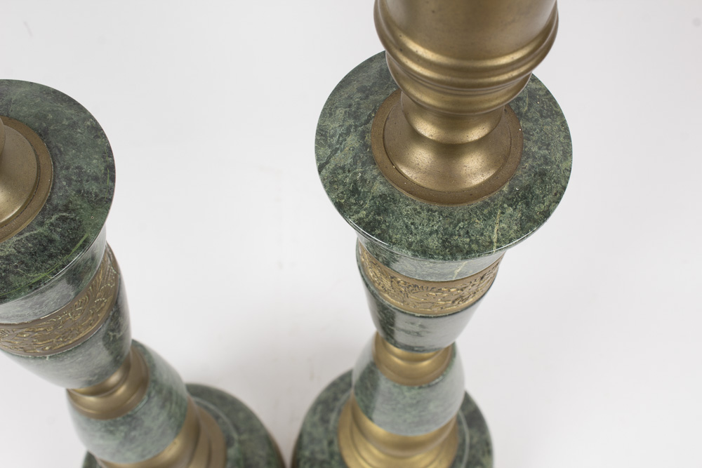 Over-Sized Brass and Dark Green Marble Candlesticks