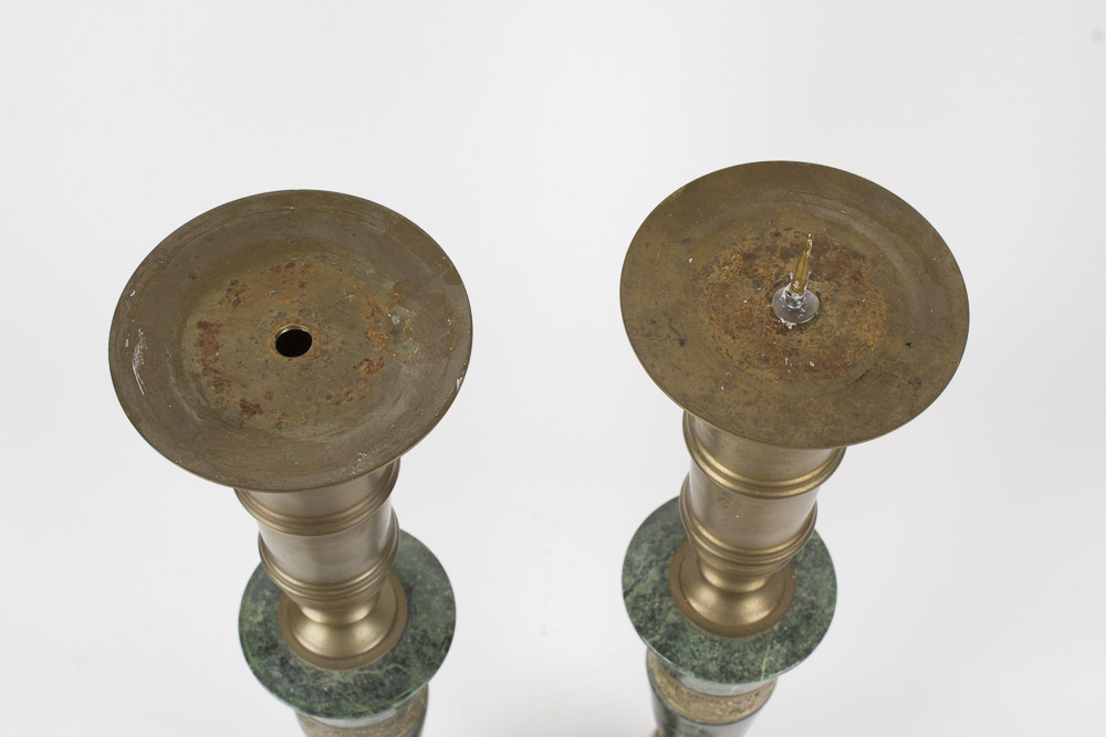 Over-Sized Brass and Dark Green Marble Candlesticks