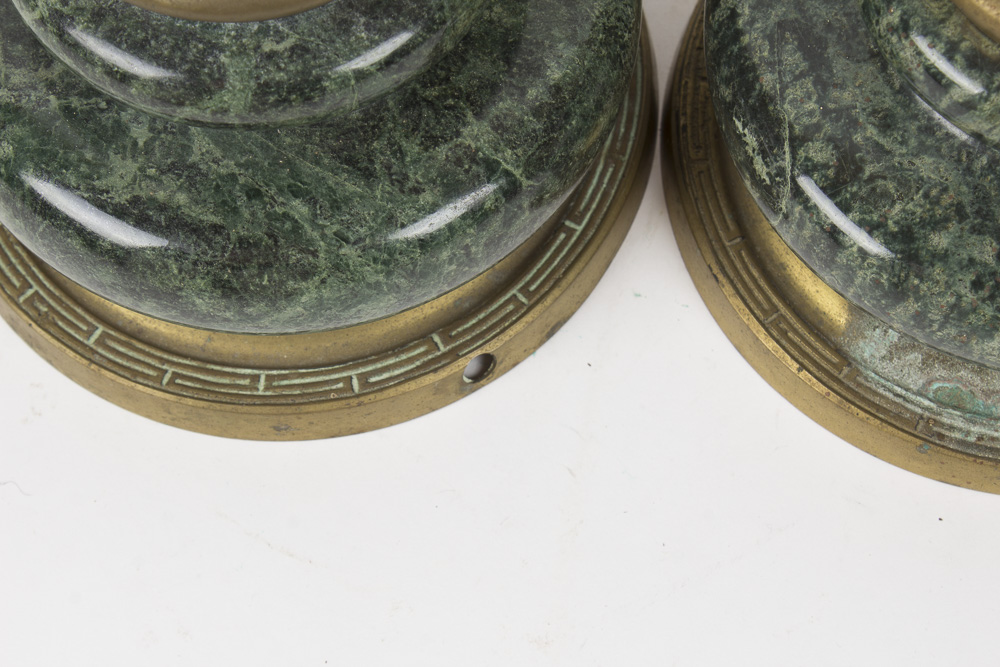 Over-Sized Brass and Dark Green Marble Candlesticks