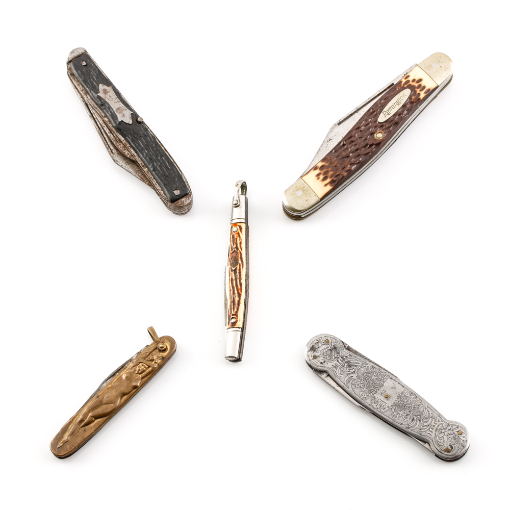 Group of 5 Various Pocket Knives Including a Remington Three Blade