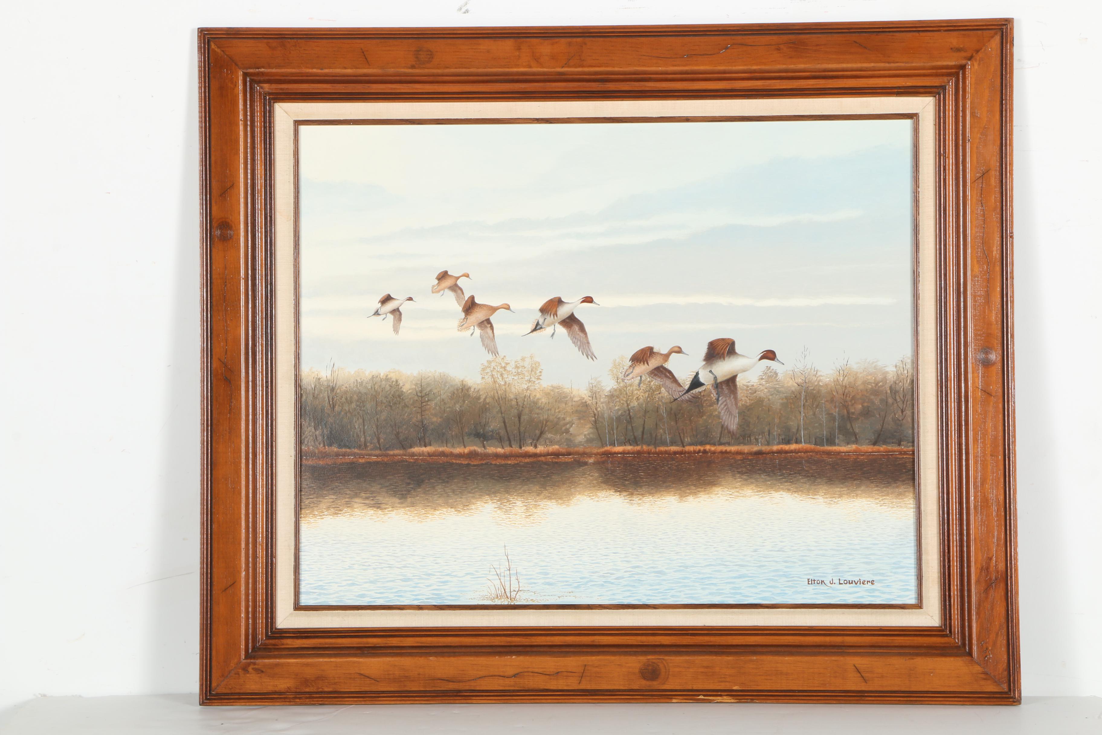 Elton J. Louviere Oil on Board Painting of Ducks Flying Over Water