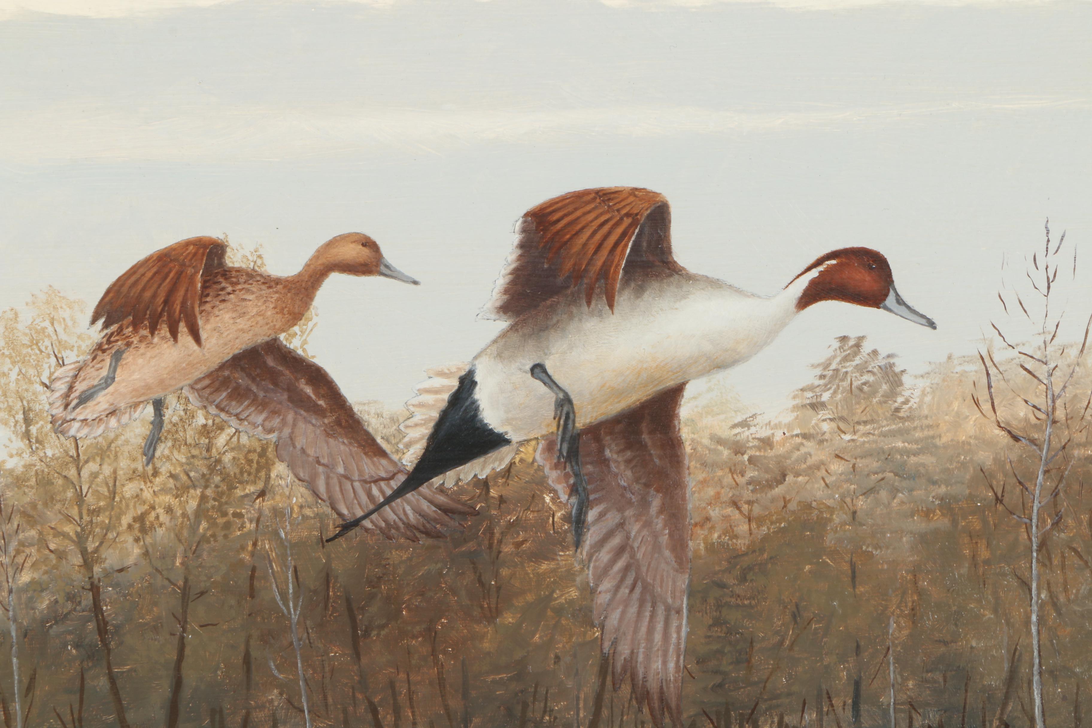 Elton J. Louviere Oil on Board Painting of Ducks Flying Over Water