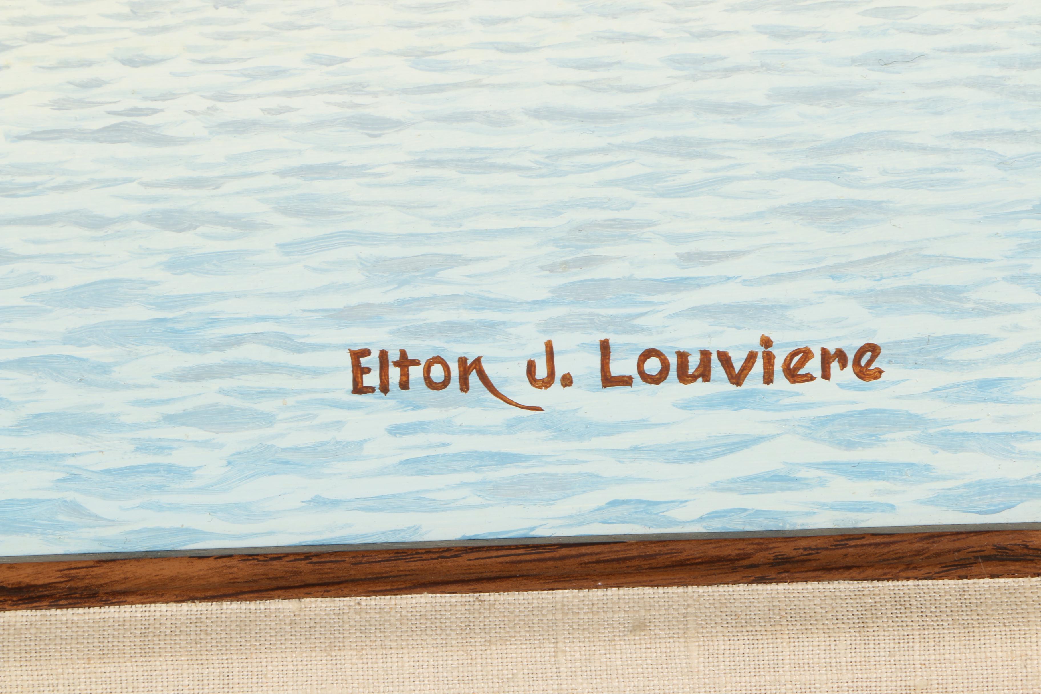 Elton J. Louviere Oil on Board Painting of Ducks Flying Over Water