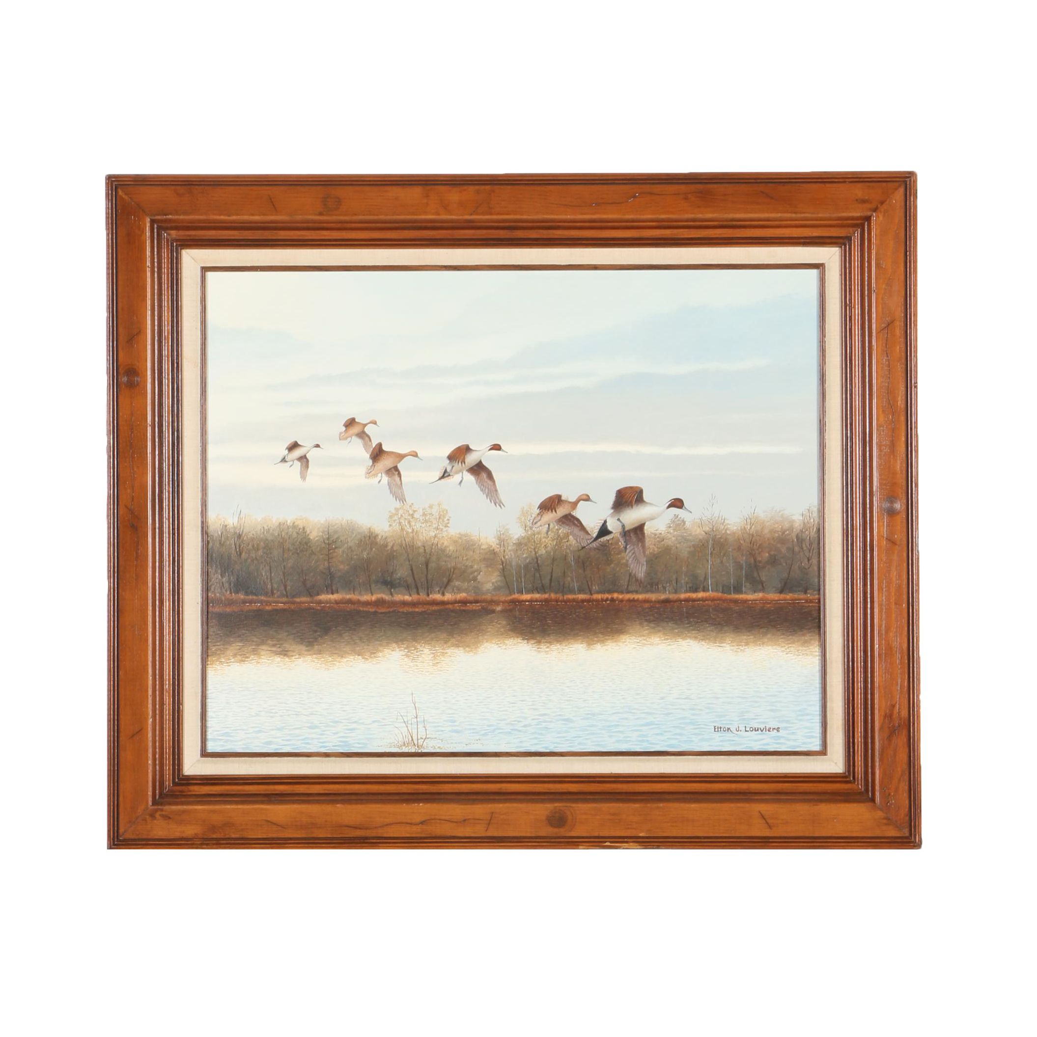Elton J. Louviere Oil on Board Painting of Ducks Flying Over Water