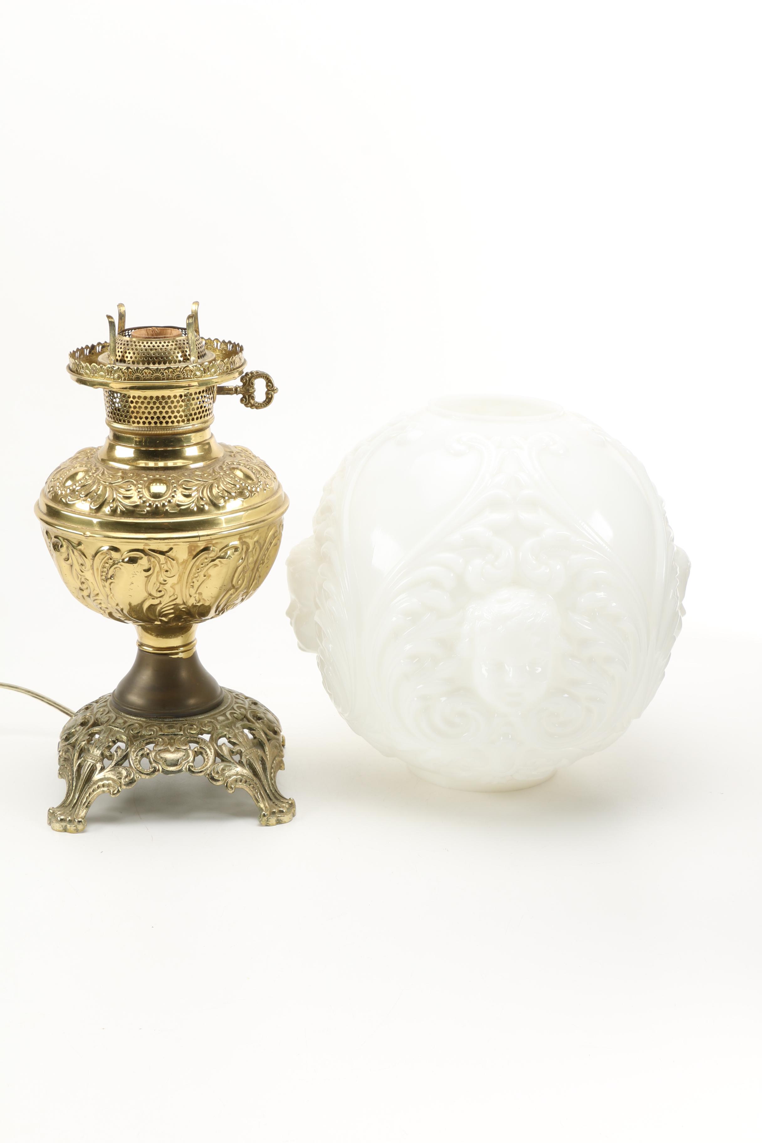 Vintage Brass Lamp With Glass Shade