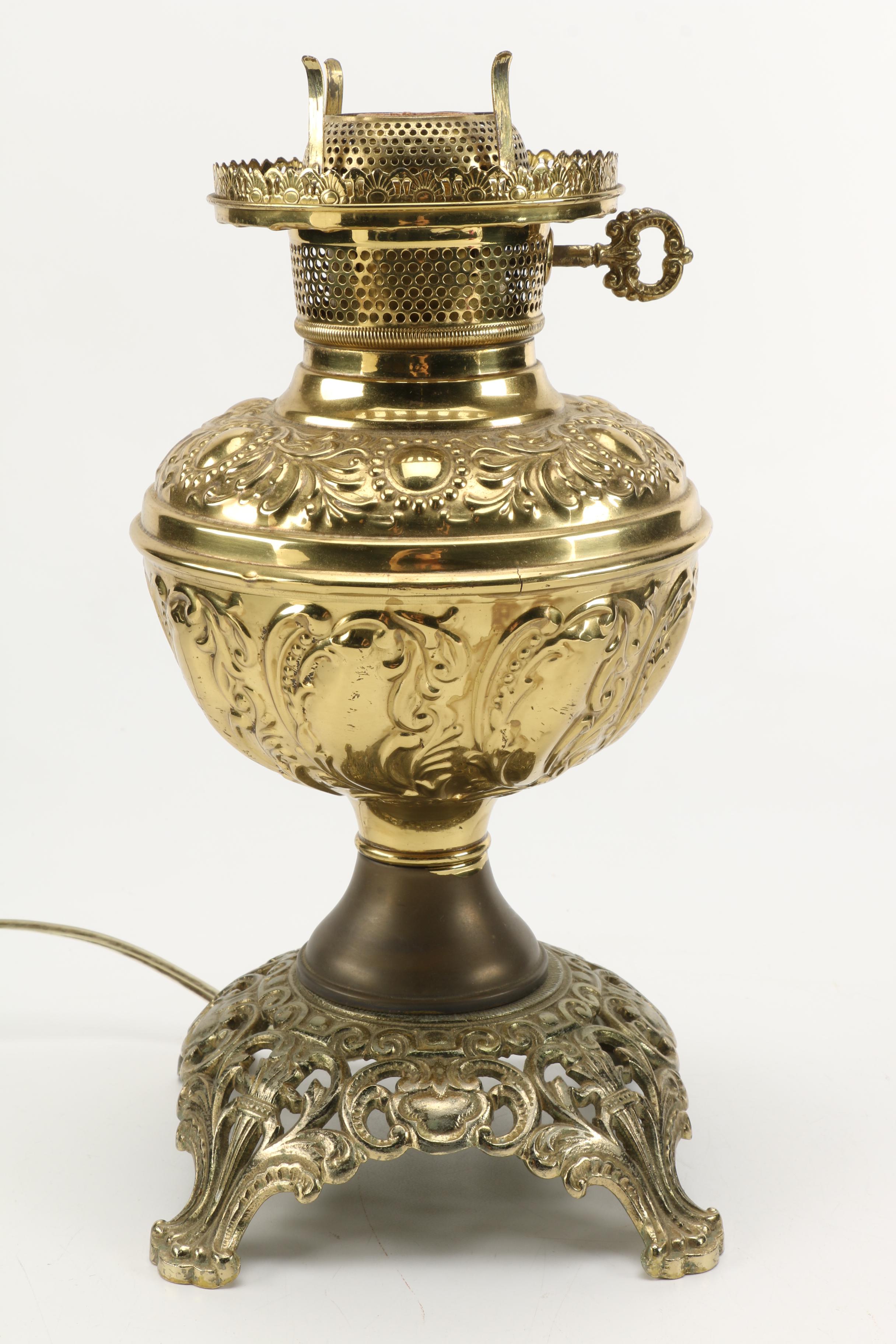 Vintage Brass Lamp With Glass Shade