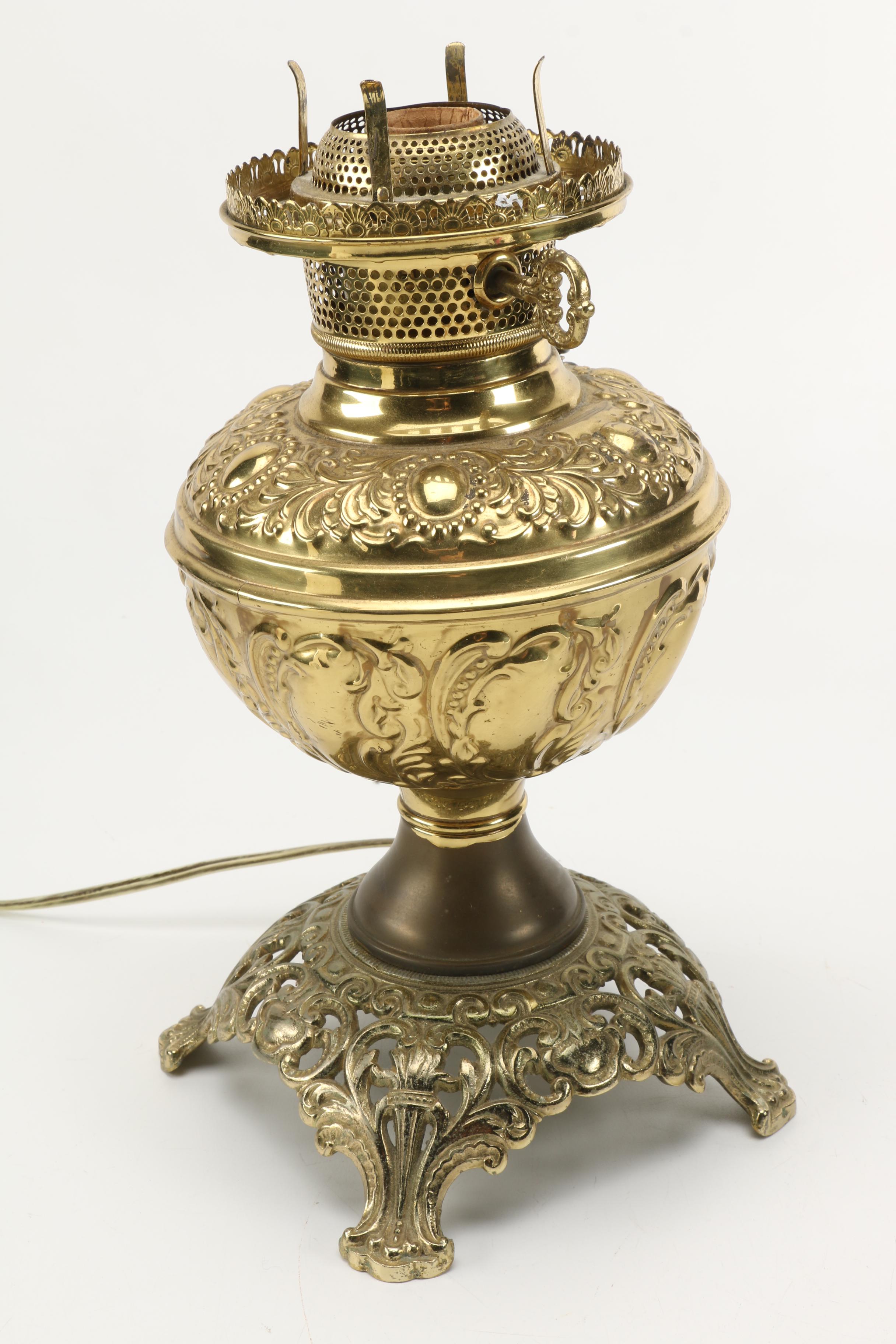 Vintage Brass Lamp With Glass Shade