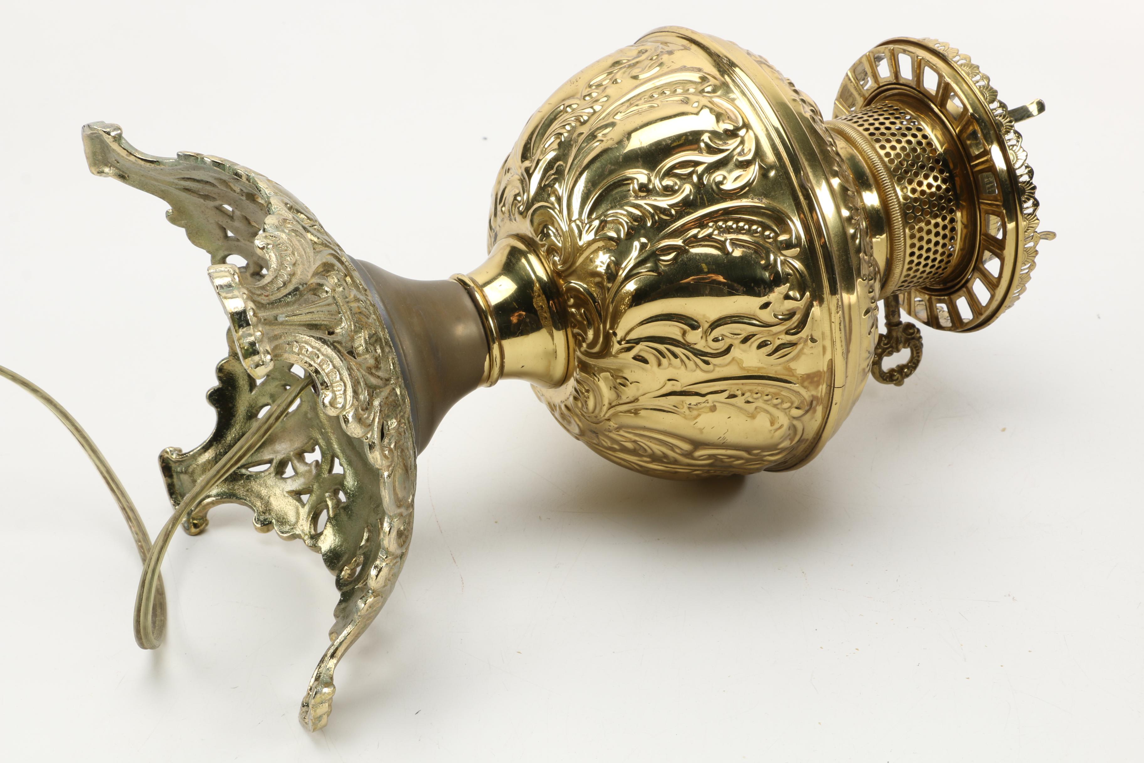 Vintage Brass Lamp With Glass Shade