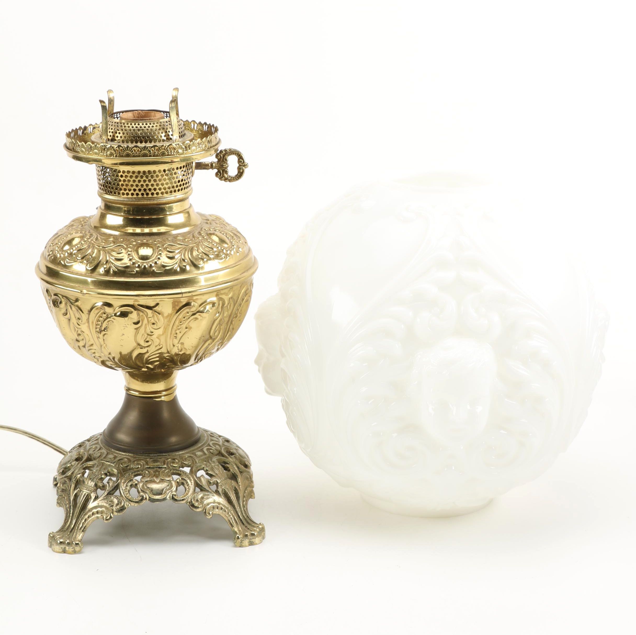 Vintage Brass Lamp With Glass Shade