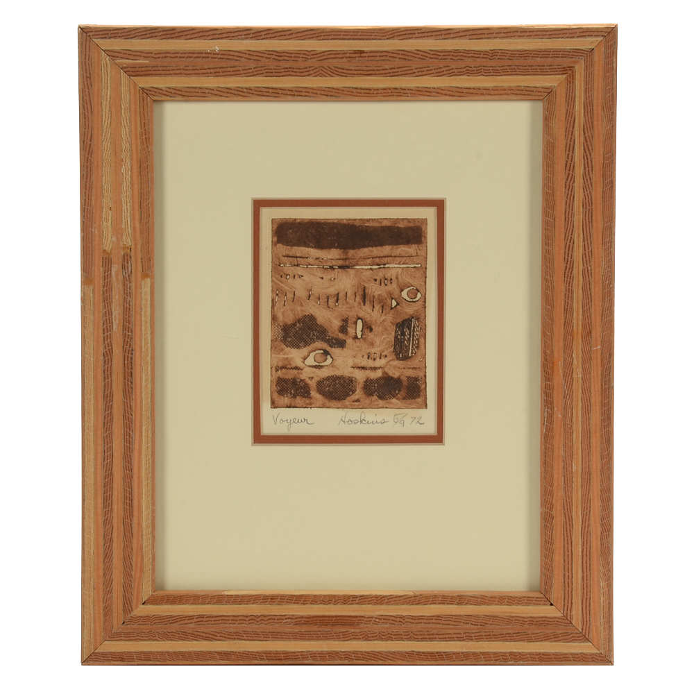 Hoskins Original 1972 Sepia Etching with Aquatint "Voyeur"