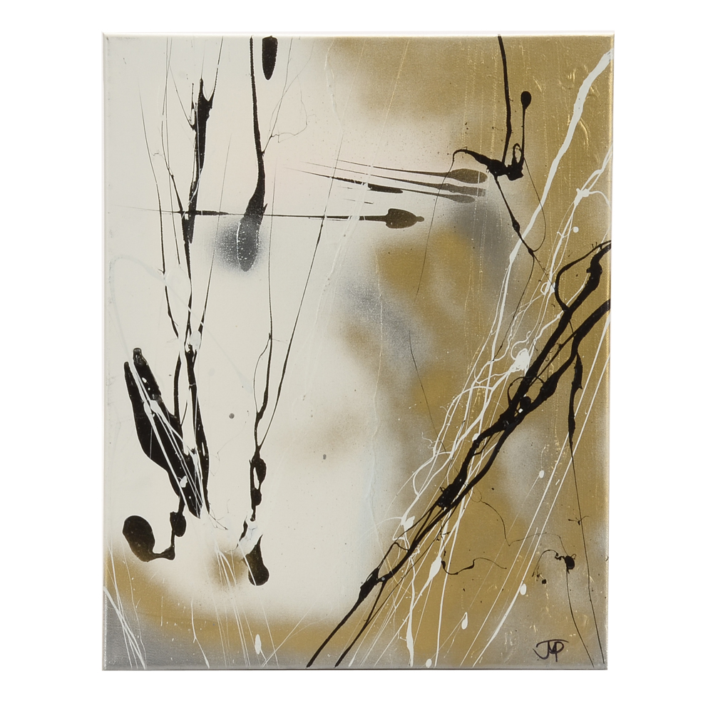 Robbie Kemper Original Abstract Acrylic and Spray Paint on Canvas "Silver Gold and Black"