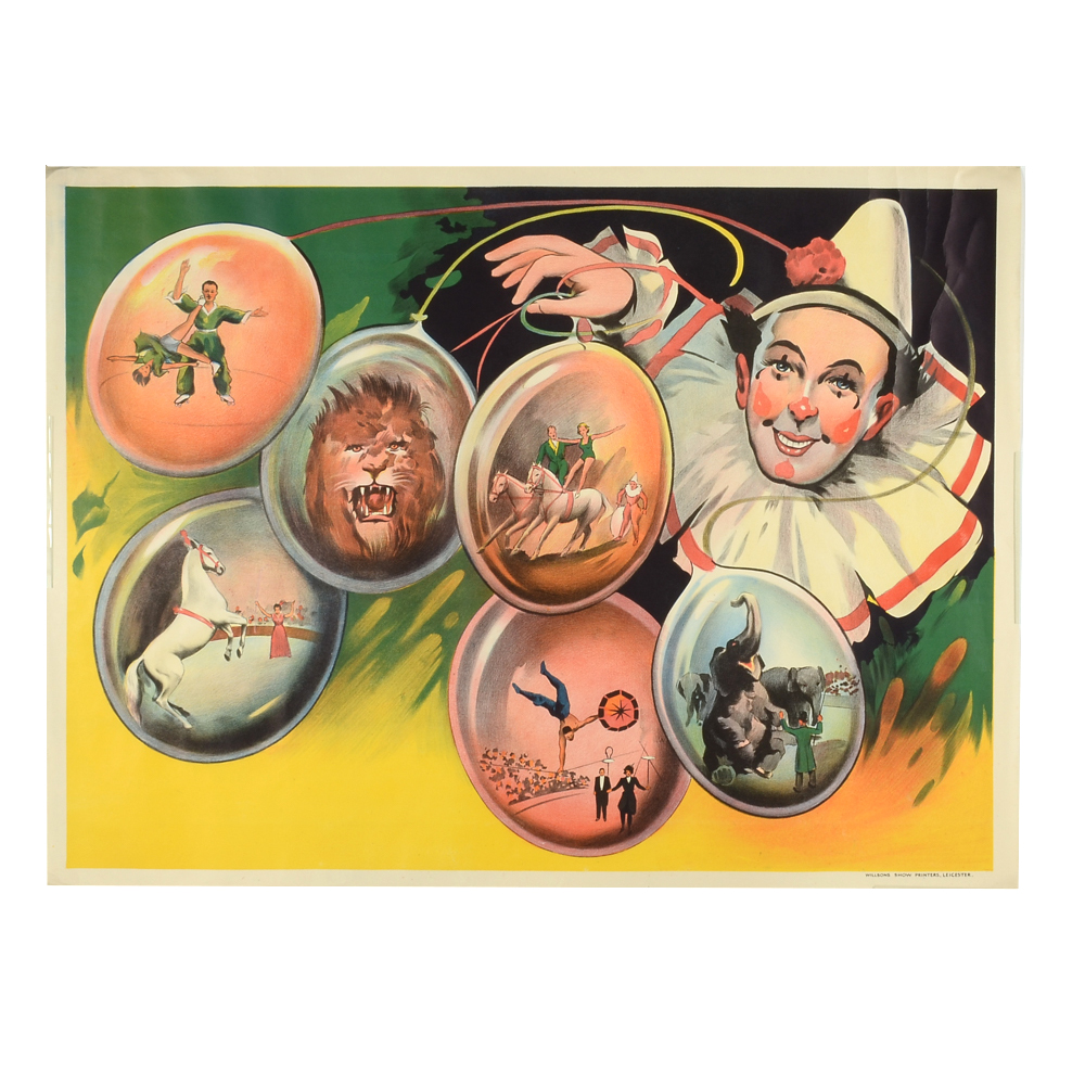 Original 1930s English Circus Clown Poster by Willson's Show Printers
