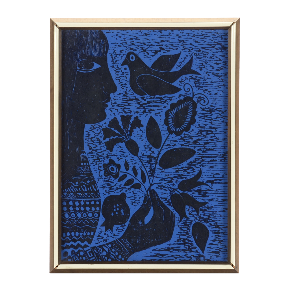 Judith Lamb Original Linoleum Cut Print "Black and Bluebirds"