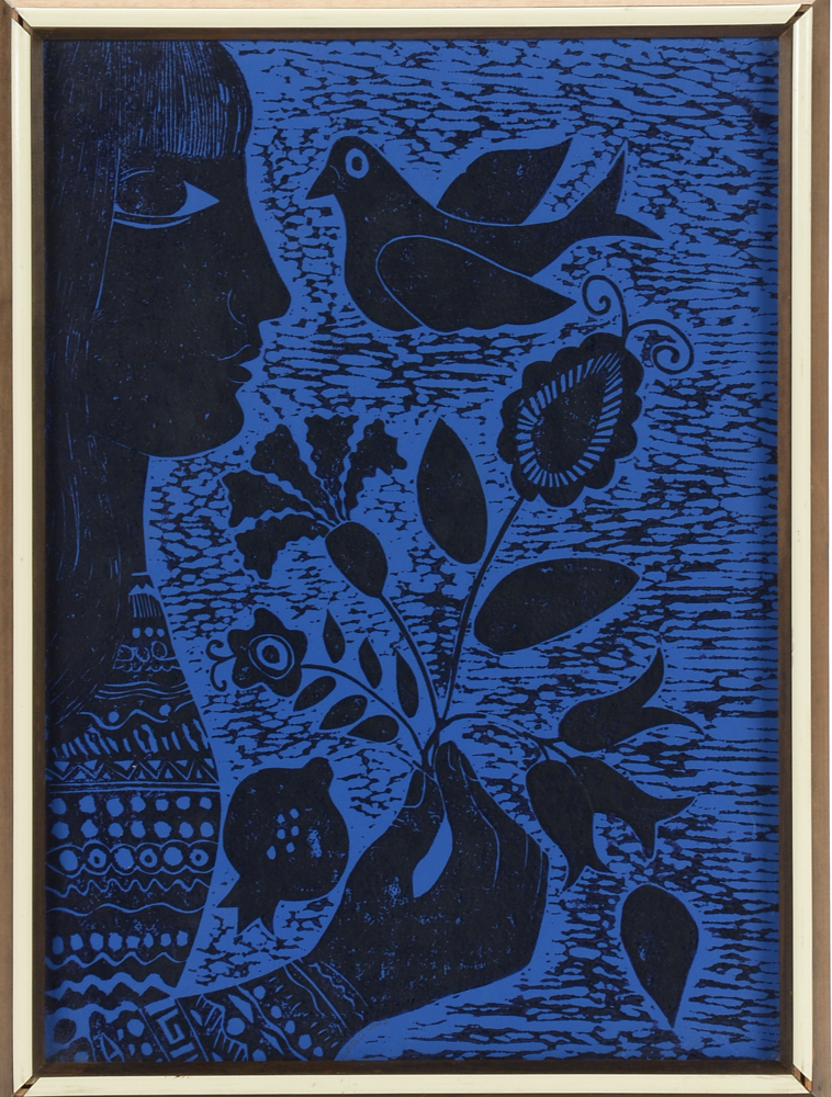 Judith Lamb Original Linoleum Cut Print "Black and Bluebirds"