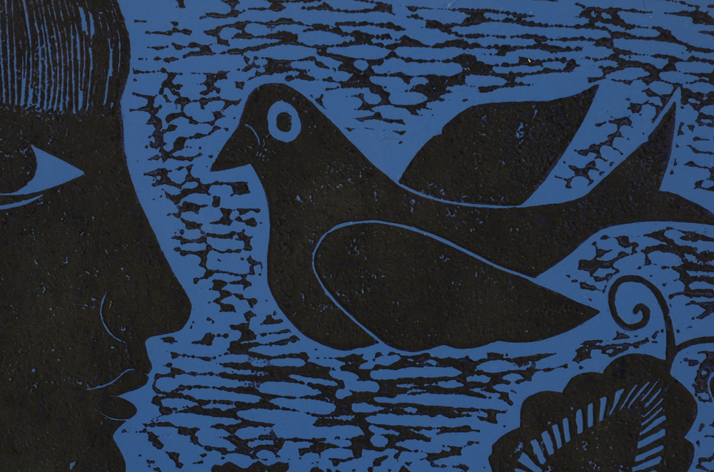 Judith Lamb Original Linoleum Cut Print "Black and Bluebirds"