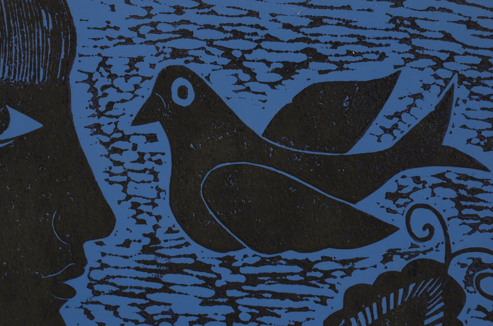 Judith Lamb Original Linoleum Cut Print "Black and Bluebirds"