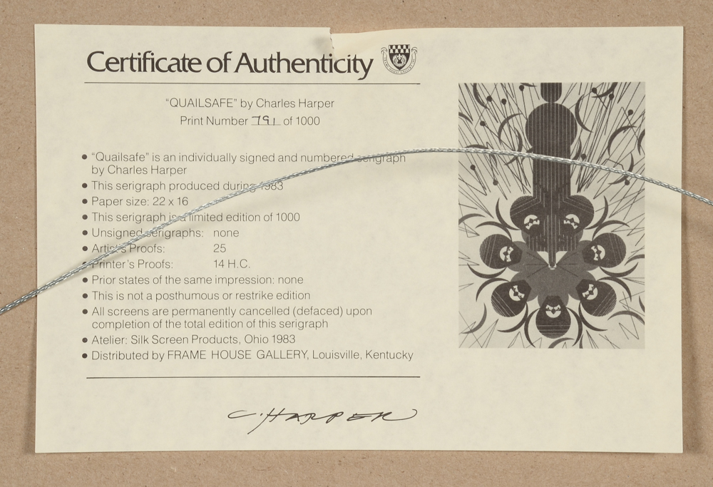 Charley Harper Signed 1983 Limited Edition Serigraph "Quailsafe"