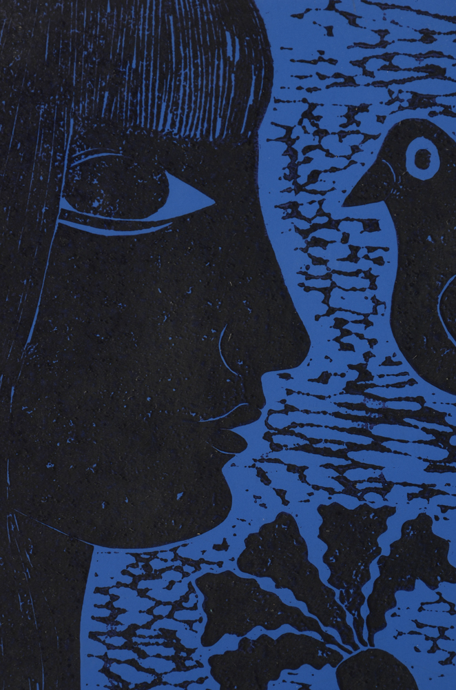 Judith Lamb Original Linoleum Cut Print "Black and Bluebirds"