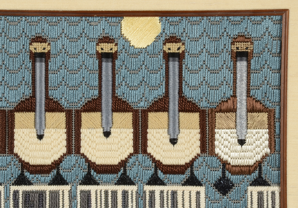 Framed Needlepoint after Charley Harper "Pier Group"