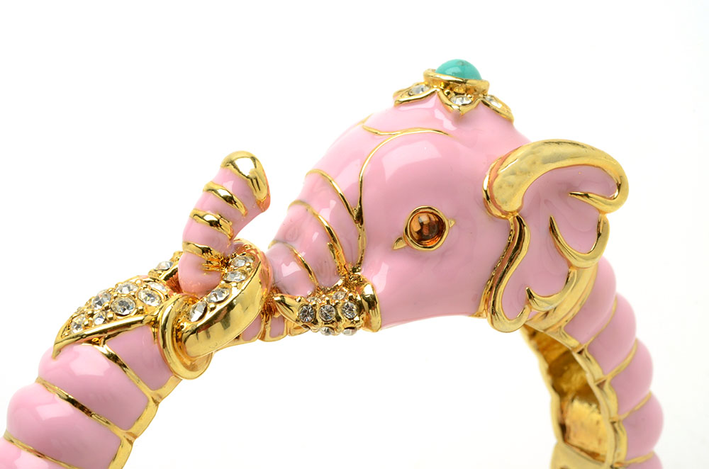 Kenneth Jay Lane Designer Pink Enameled Elephant Hinge Bracelet