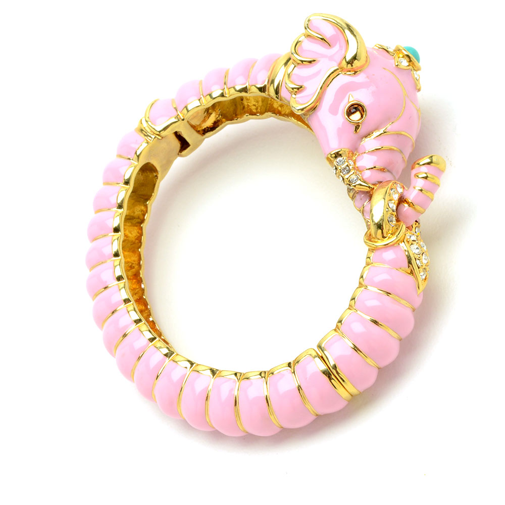 Kenneth Jay Lane Designer Pink Enameled Elephant Hinge Bracelet