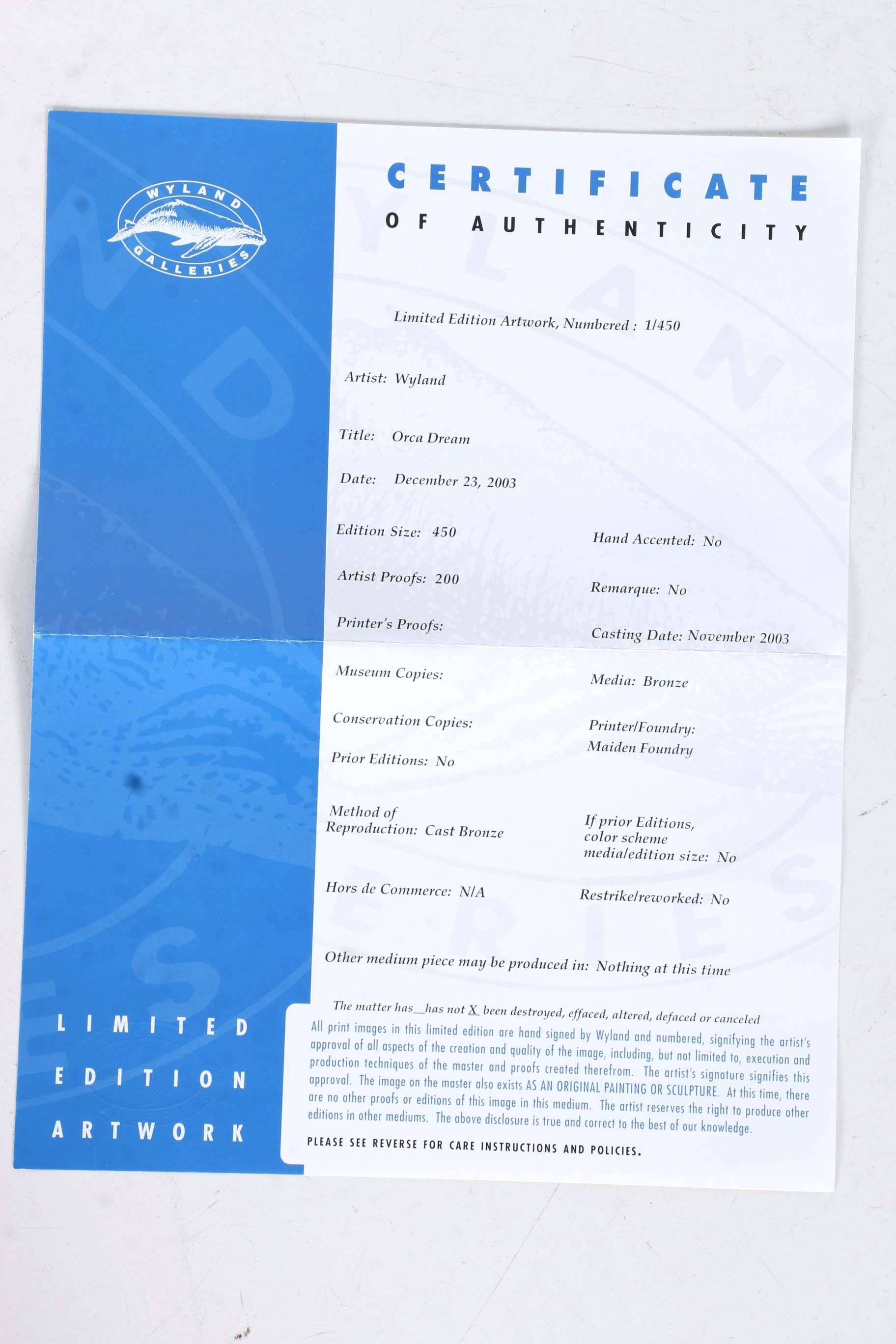 2005 Limited Edition Bronze Wyland "Orca Dream" Sculpture