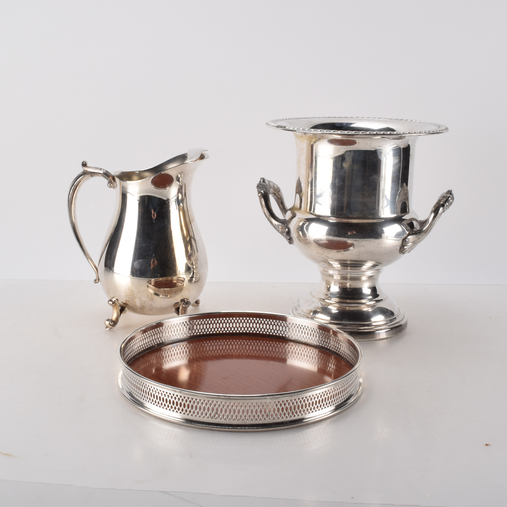 "Eales 1779" Leonard Silver Plate Champagne Cooler, Water Pitcher, and Round Tray