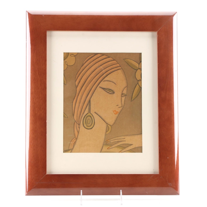 P.L.B. Initialed Lithograph on Paper Art Deco Head of a Woman
