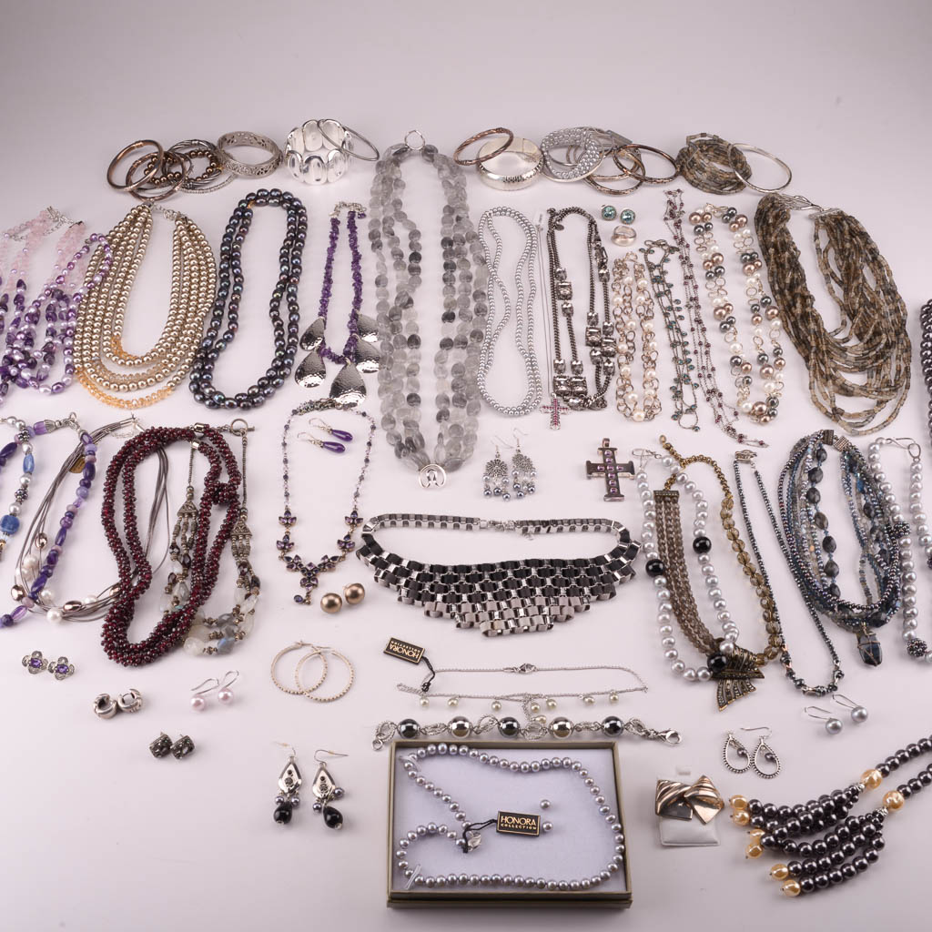 Collection of Purple and Silver Tone Fashion Jewelry