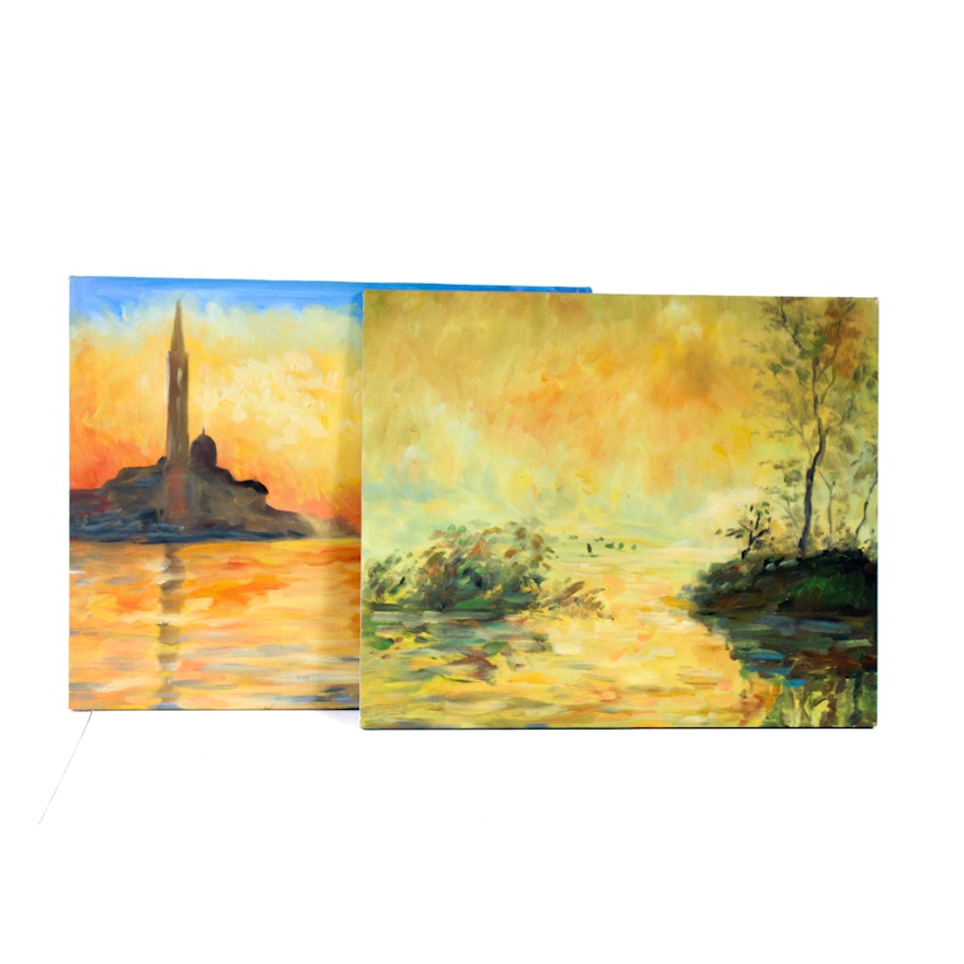 Pair of Acrylic Landscape Paintings on Canvas