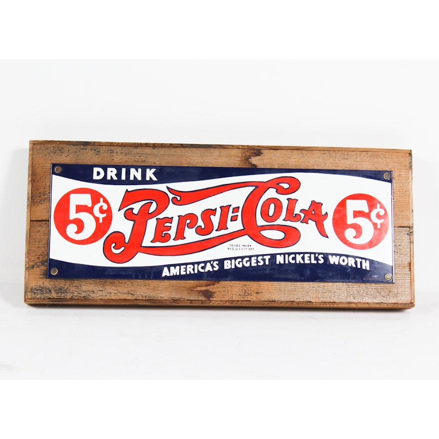 Vintage Pepsi-Cola Metal Advertisement Sign Mounted on Wood
