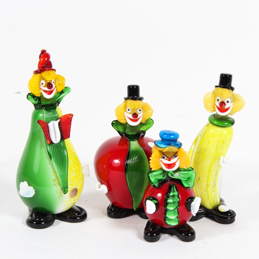 Murano Art Glass Fruit Themed Clown Figurines