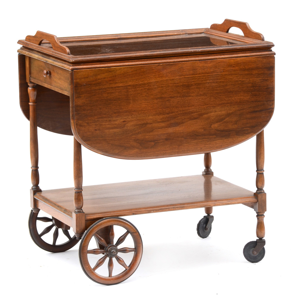 Vintage Wooden Tea Cart with Glass Tray Top