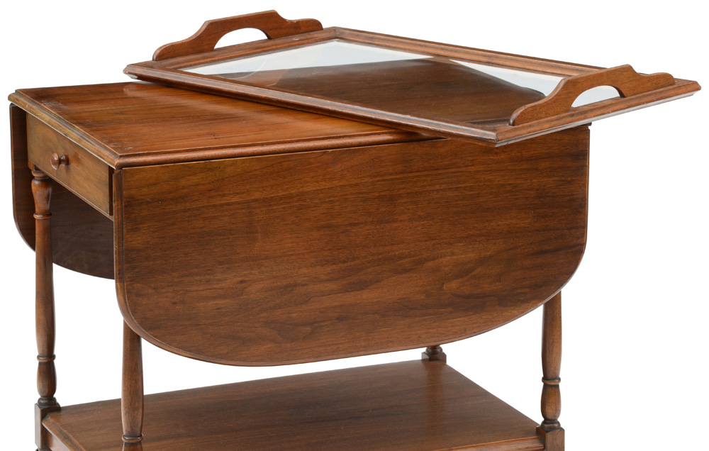 Vintage Wooden Tea Cart with Glass Tray Top