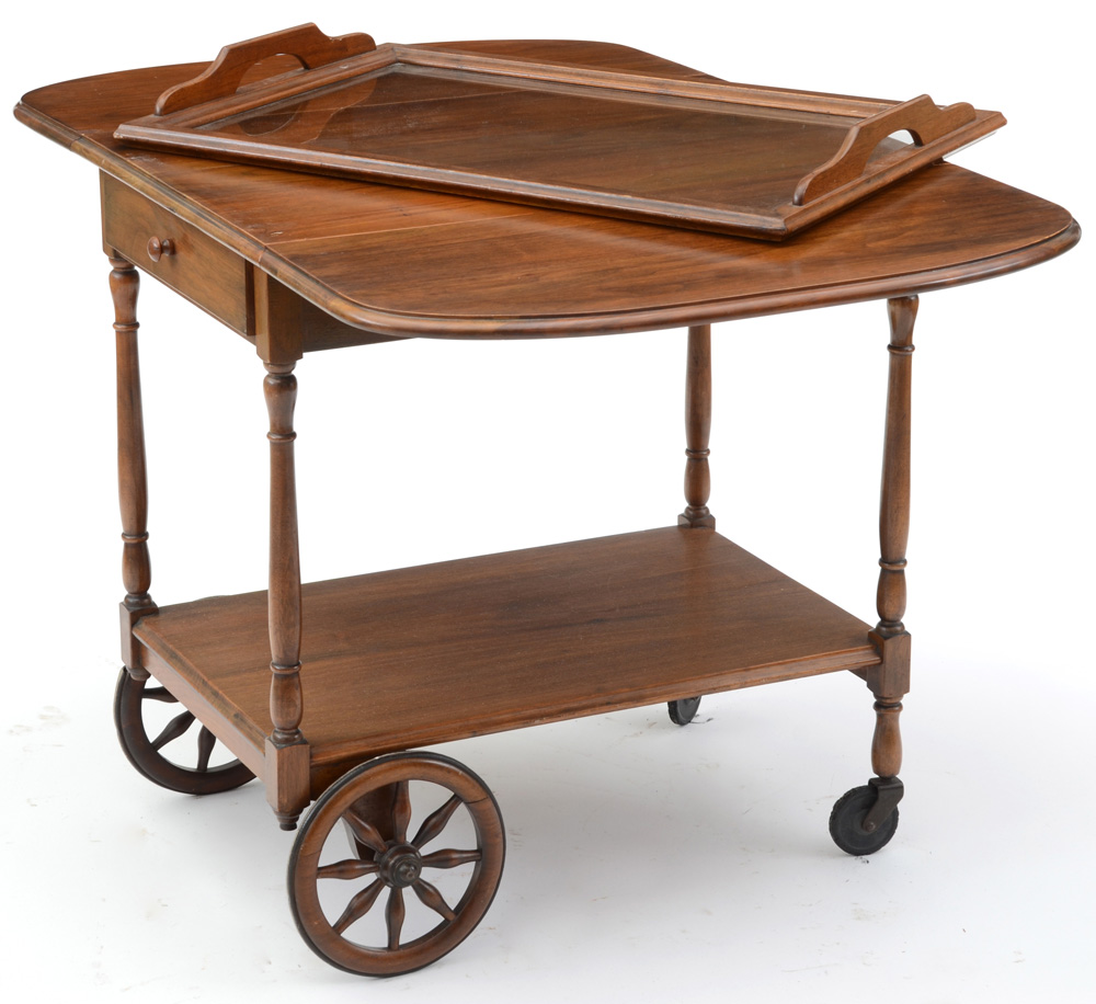Vintage Wooden Tea Cart with Glass Tray Top