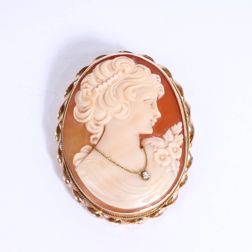 14K Yellow Gold Cameo and Diamond en Habille Brooch Pendant