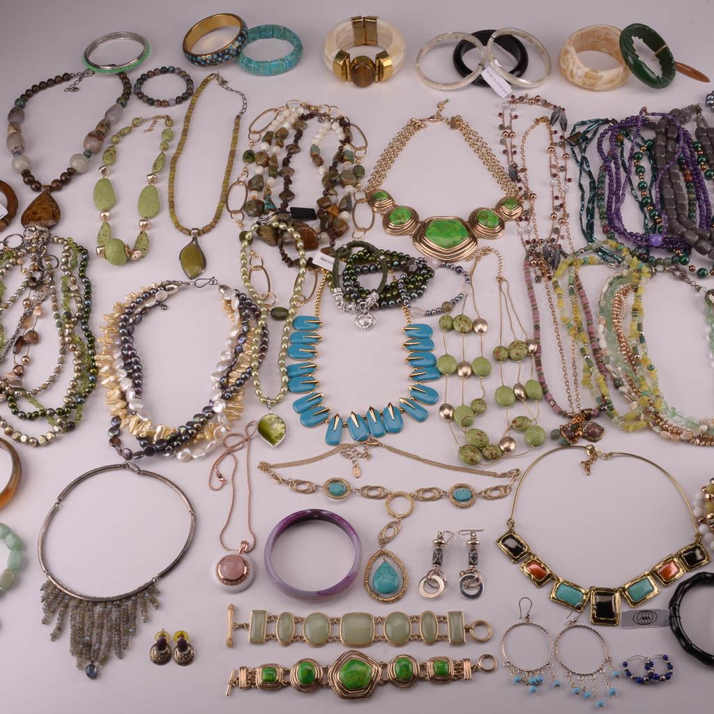 Assortment of Green, Blue, and Purple Beaded Fashion Jewelry