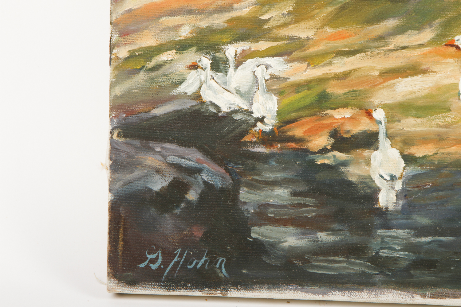 G. Hohn Oil Painting on Canvas "Geese by a River"