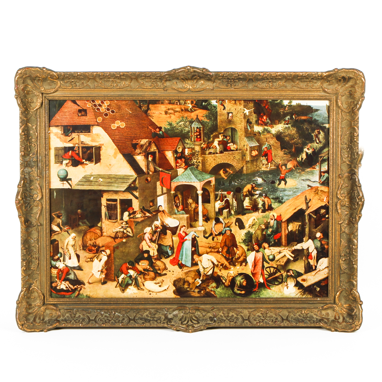 After Pieter Bruegel Lithograph Print on Board "Netherlandish Proverbs"
