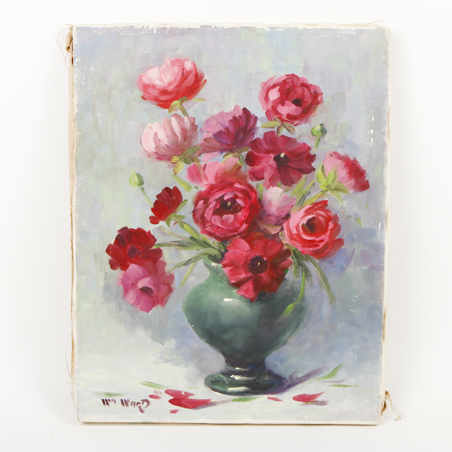 William A. Ward Oil Painting on Canvas "Red Flowers in a Green Vase"