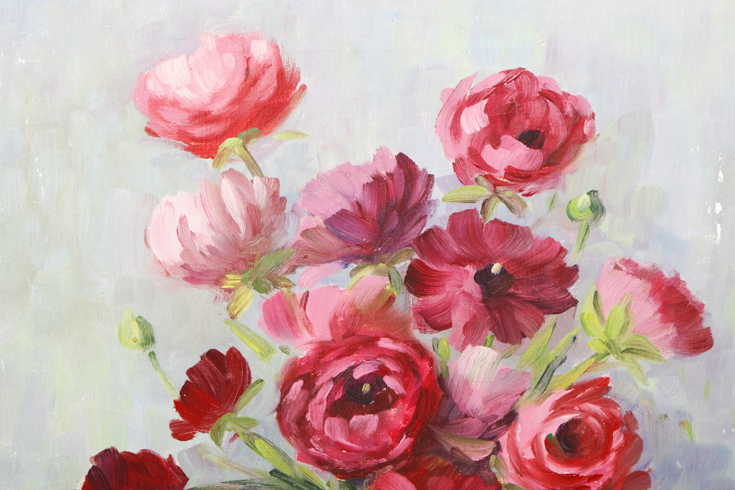 William A. Ward Oil Painting on Canvas "Red Flowers in a Green Vase"