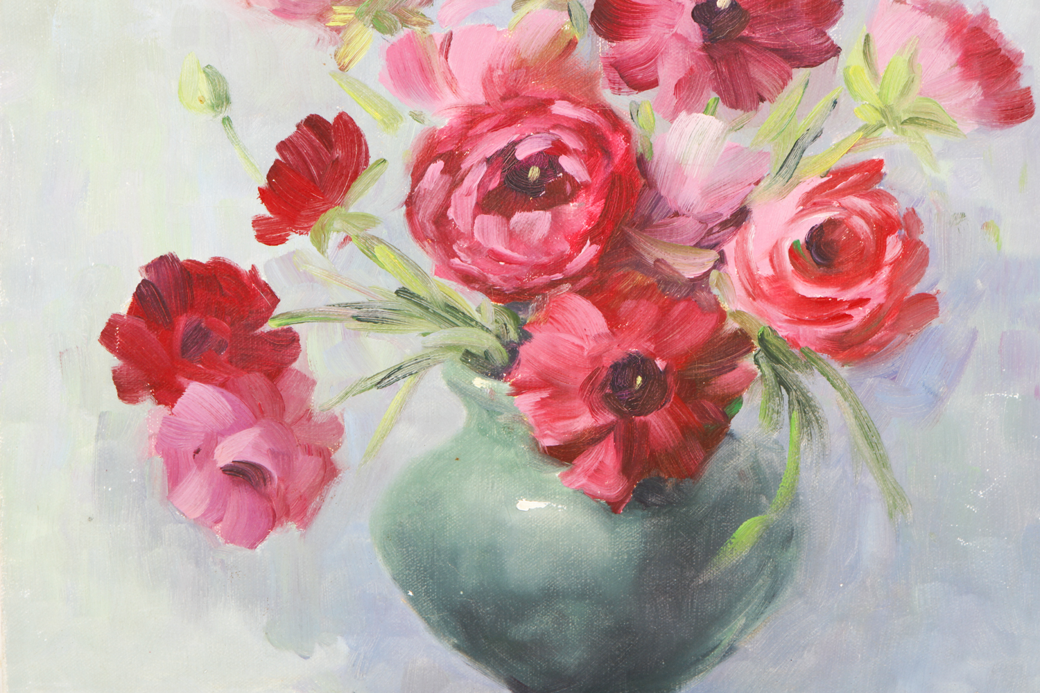 William A. Ward Oil Painting on Canvas "Red Flowers in a Green Vase"