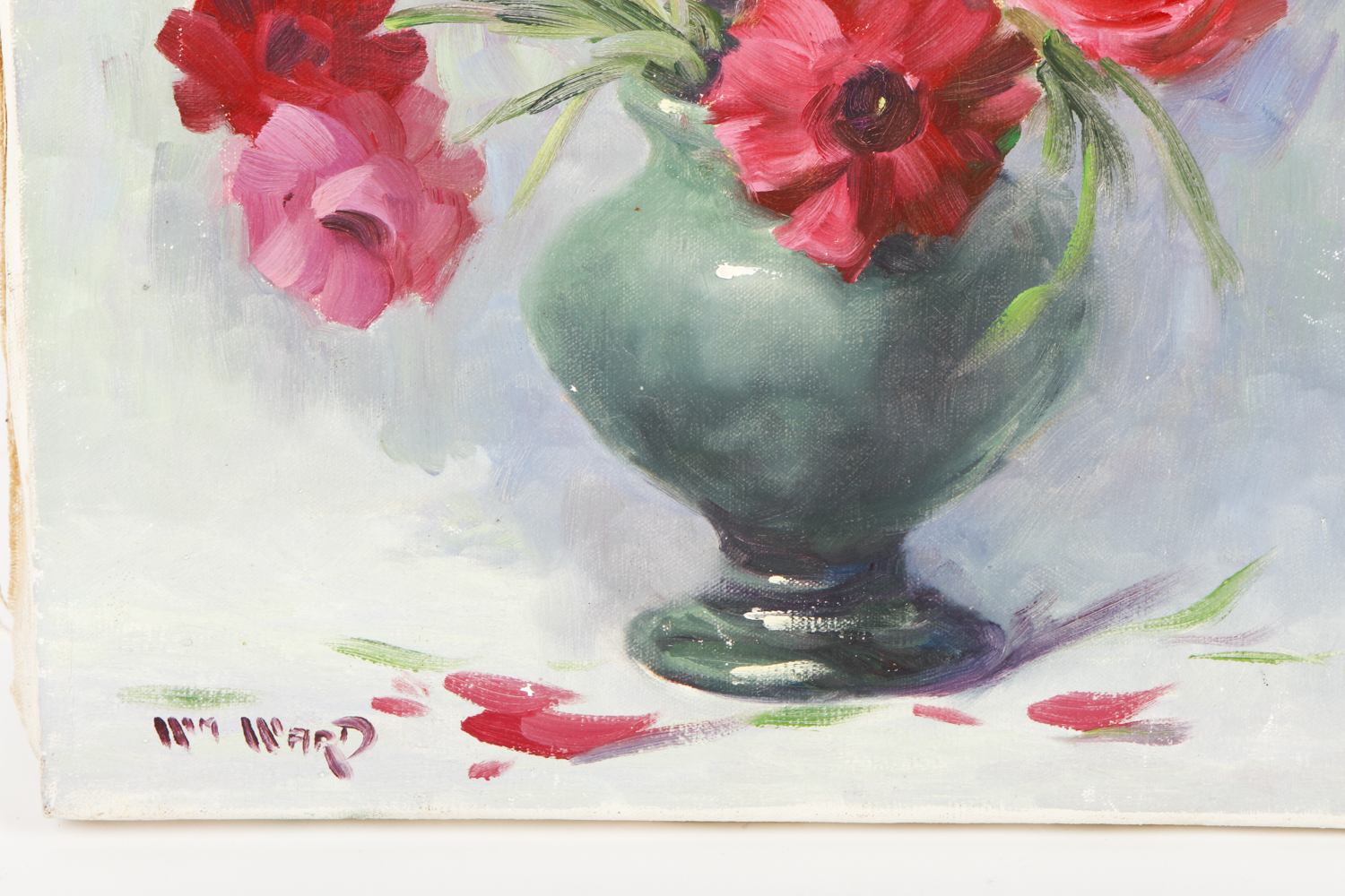 William A. Ward Oil Painting on Canvas "Red Flowers in a Green Vase"