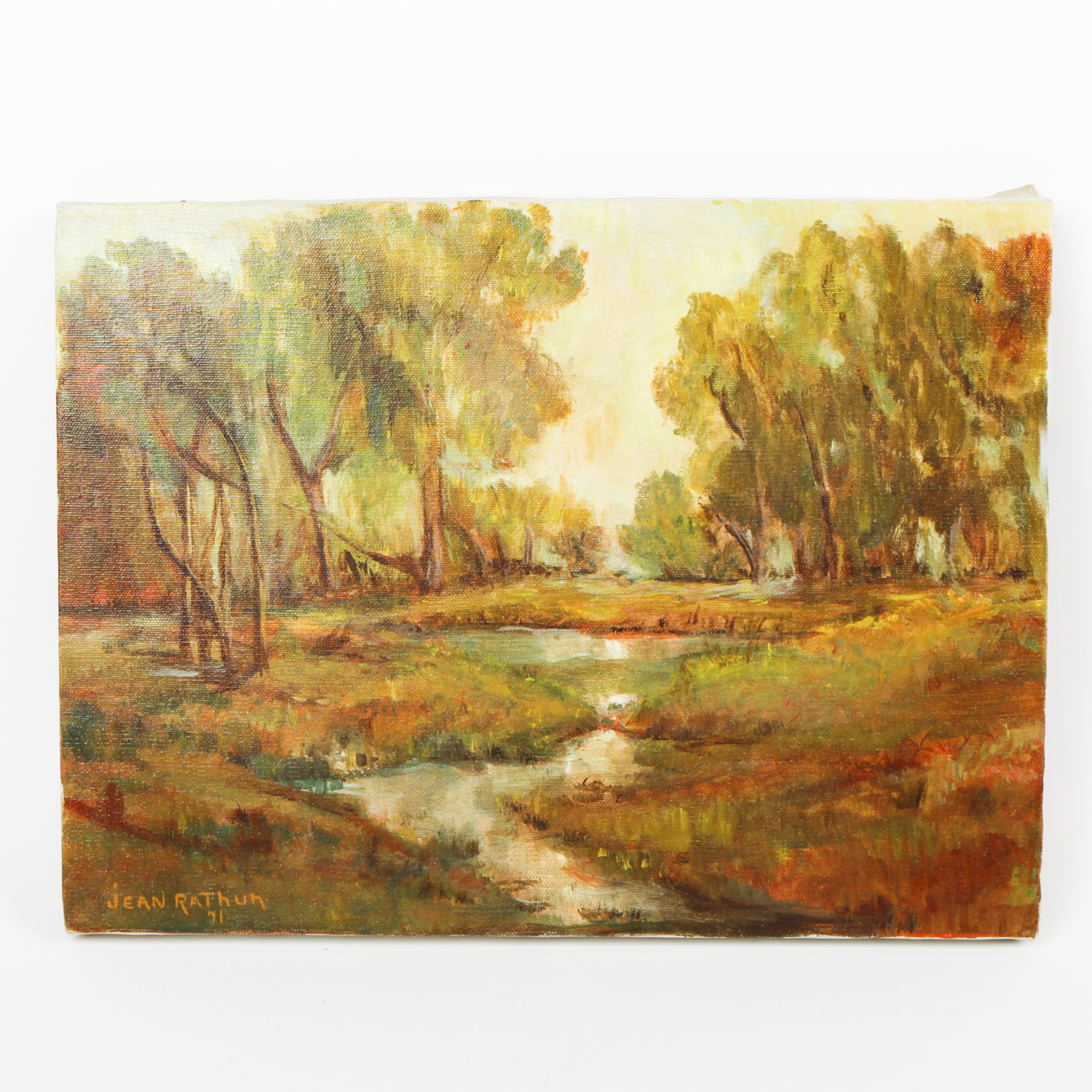 Jean Rathun Oil Painting on Canvas "Woodland Stream at Sunset"