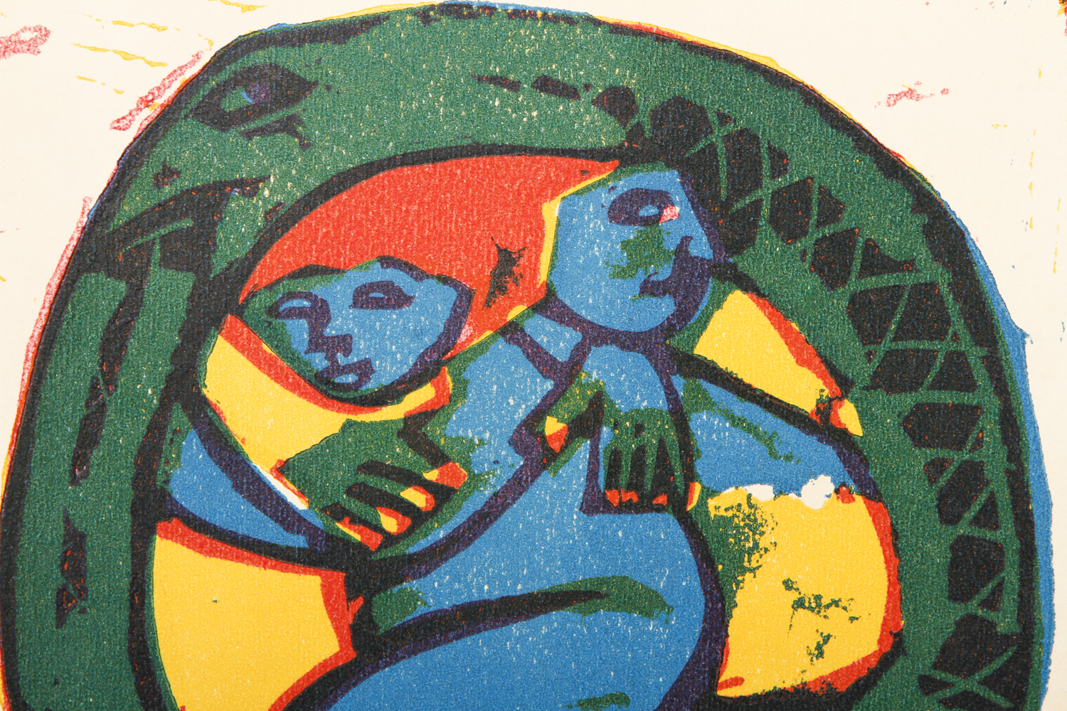 Relief Print on Cardboard of Ouroboros with Figures