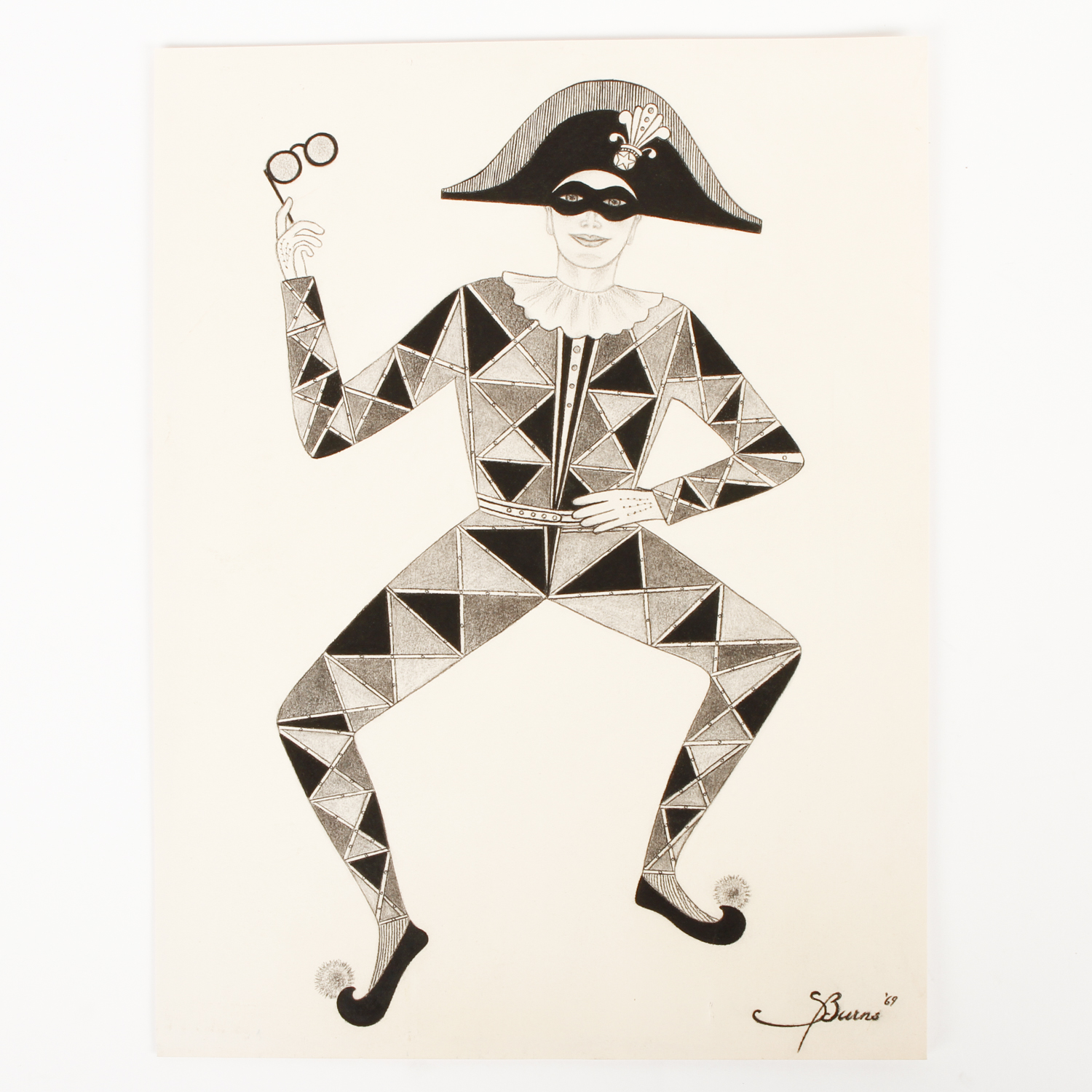 S. Burns Pen and Ink Drawing on Paper "Pantin, Commedia dell'Arte Figure"