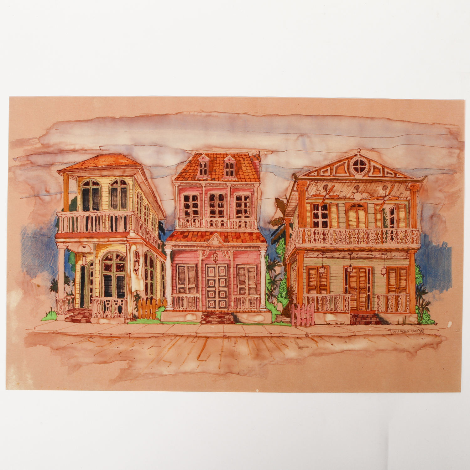Luis Henriquez Watercolor Painting on Paper of Three Houses