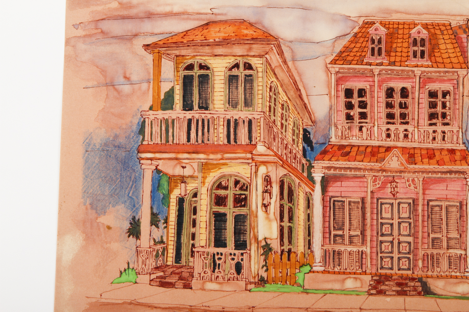 Luis Henriquez Watercolor Painting on Paper of Three Houses