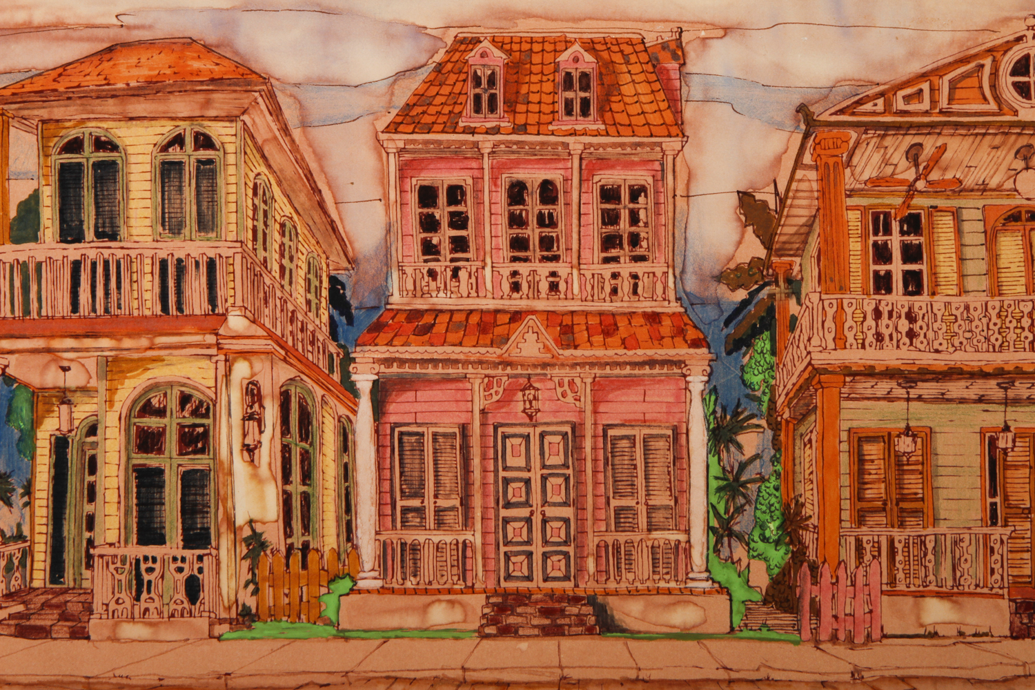 Luis Henriquez Watercolor Painting on Paper of Three Houses